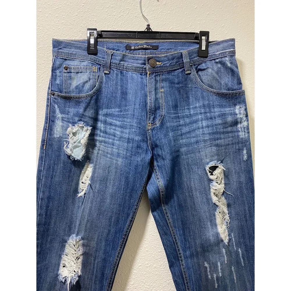 Carbon Black Distressed Jeans Mens 34x30 Blue Ripped Destroyed Denim 100% Cotton - Picture 3 of 15